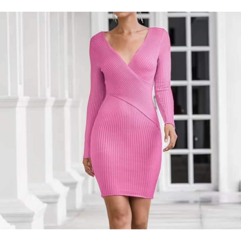 Pink Long Sleeve Dress V Neck Ribbed Knit Sweater Dress size S/M stretchy